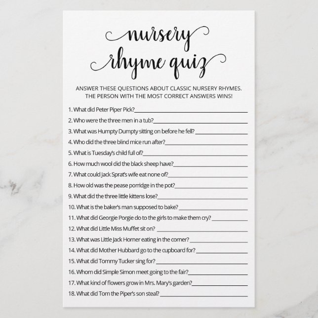 Nursery Rhyme Quiz Baby shower game met Answers (Voorkant)