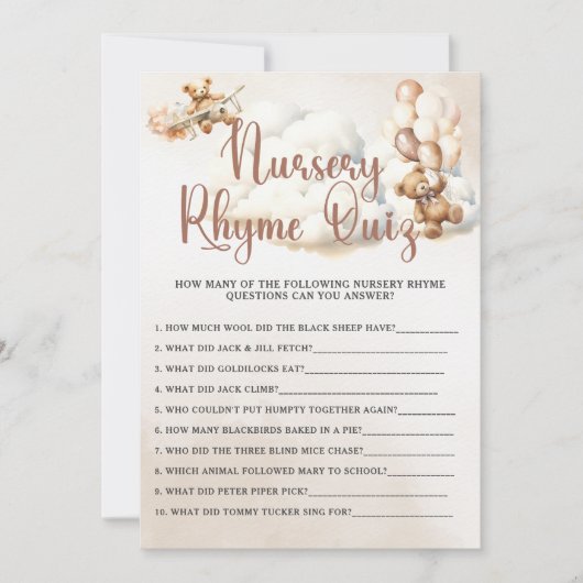 NURSERY RHYME QUIZ Baby shower Game Schattige Beer Kaart (Voorkant)