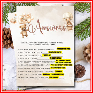 NURSERY RHYME QUIZ Baby shower Game Schattige Beer Kaart