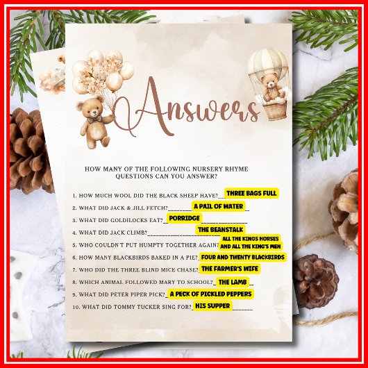 NURSERY RHYME QUIZ Baby shower Game Schattige Beer Kaart