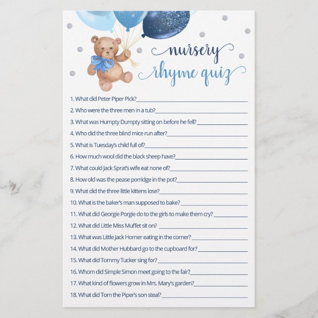 Nursery Rhyme Quiz Game Baby shower Teddy Bear (Voorkant)