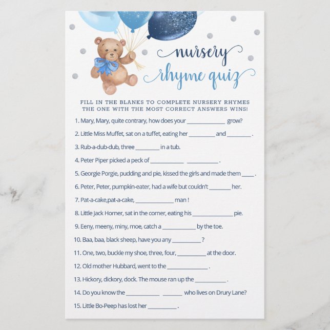 Nursery Rhyme Quiz Game Baby shower Teddy Bear (Voorkant)