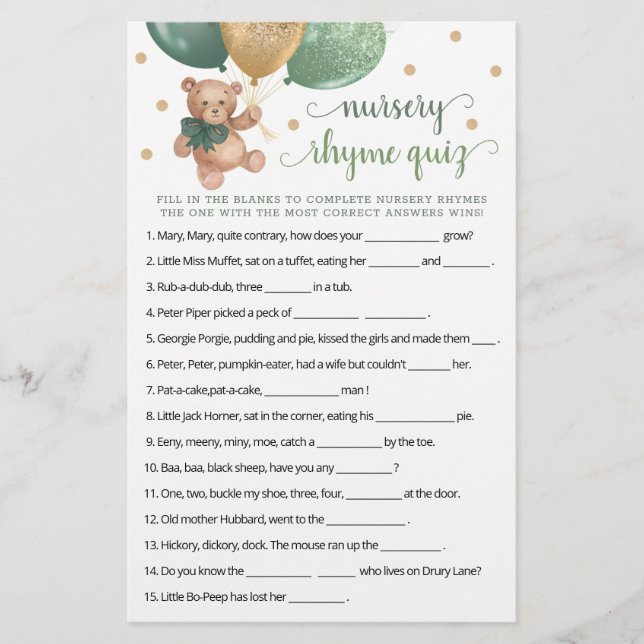 Nursery Rhyme Quiz Game Baby shower Teddy Bear (Voorkant)