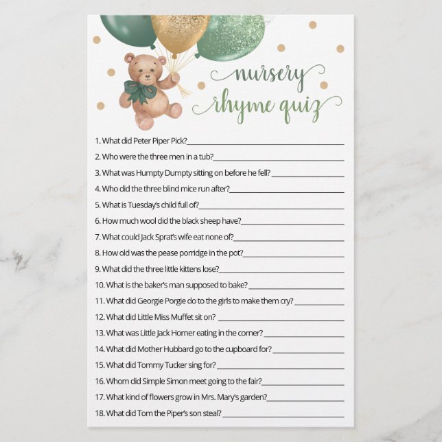 Nursery Rhyme Quiz Game Baby shower Teddy Bear (Voorkant)