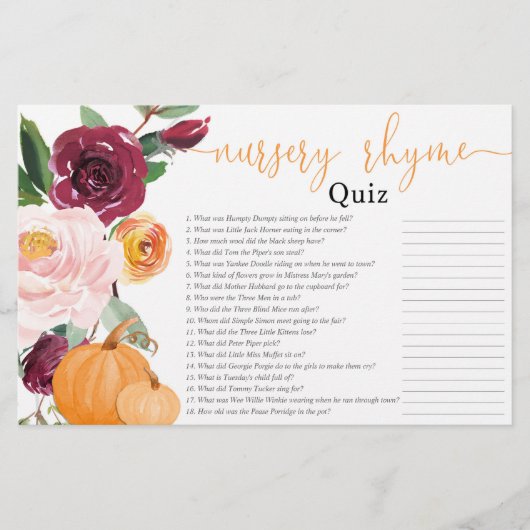 Nursery rhyme quiz herfst floral pumpkin baby show (Voorkant)