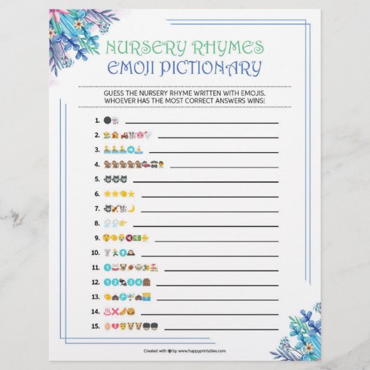Nursery Rhymes Emoji Pictionary [Blue Floral] Briefhoofd (Voorkant)