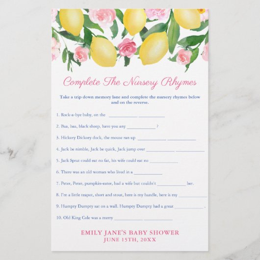 Nursery Rhymes Game Card For Lemons Baby Shower Flyer (Voorkant)