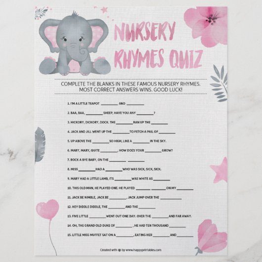 Nursery Rhymes Quiz [Baby olifant [Roze]] Briefhoofd (Voorkant)