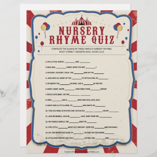 Nursery Rhymes Quiz [Circus Theme] Briefhoofd (Voorkant / Achterkant)