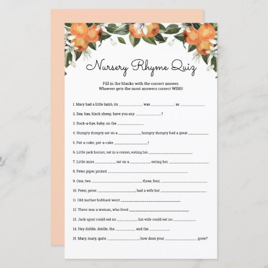Nursery Rhymes Quiz Cutie Baby shower Game Kaarten (Voorkant / Achterkant)