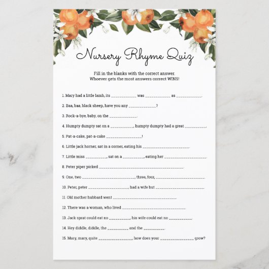 Nursery Rhymes Quiz Cutie Baby shower Game Kaarten (Voorkant)