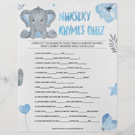 Nursery Rhymes Quiz [Elephant [Blue]] Briefhoofd (Voorkant)