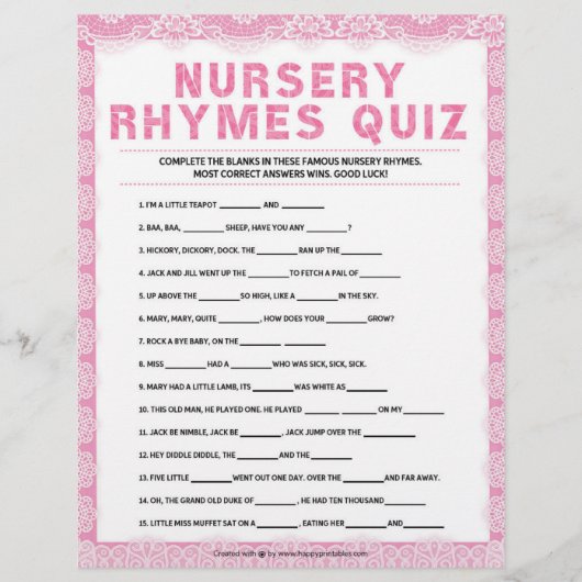Nursery Rhymes Quiz [Luxearle kant [roze]] Briefhoofd (Voorkant)
