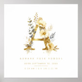 Nursery Romantic Floral A Letter Gold Effect Poster (Voorkant)