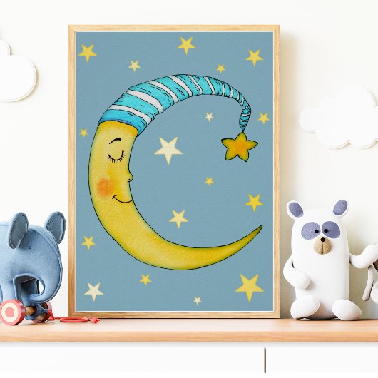 Nursery Wall Art Moon Stars Geel Blauw Poster