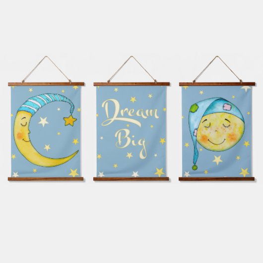 Nursery Wall Art Moon Stars Yellow Blue Tapestry Hangend Wandkleed (Driedubbel)