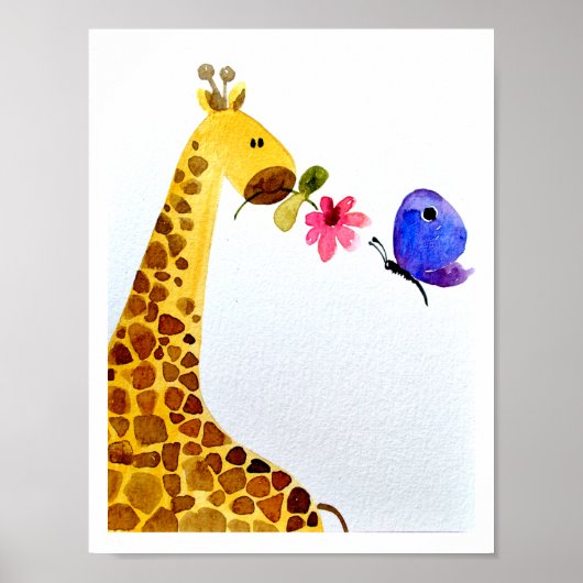 Nursery wall art_ Waterverf Giraffe & vlinder Poster (Voorkant)