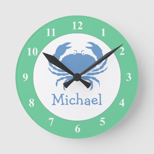 Nursery wall klok met blauwe krab en baby naam (Voorkant)