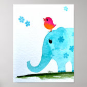 Nursery wallart_ waterverf Elephant and roze bird Poster (Voorkant)