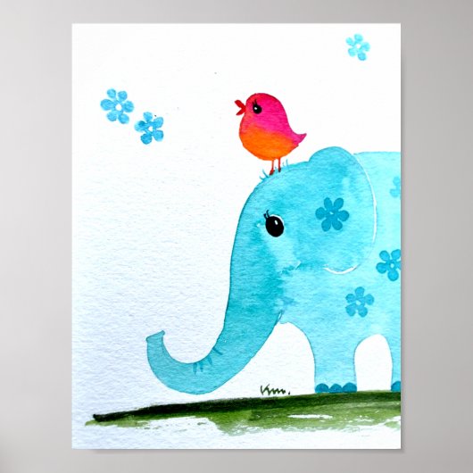 Nursery wallart_ waterverf Elephant and roze bird Poster (Voorkant)