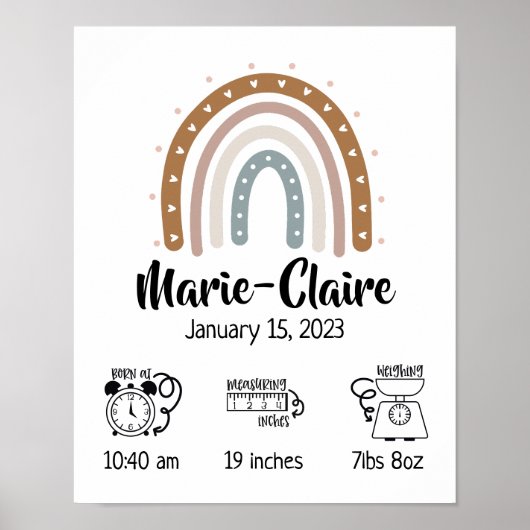 Nursery waterverf boho regenbooggeboortstatussen poster (Voorkant)