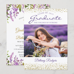 Nursing Afstuderen Paars Floral Gold Photo Kaart