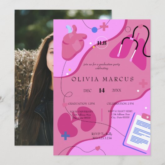 Nursing Graduation Invitation | RN Nurse Party Inv Kaart (Voorkant / Achterkant)