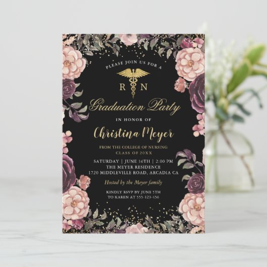 Nursing Graduation Party Burgundy Floral Black Kaart (Staand voorkant)