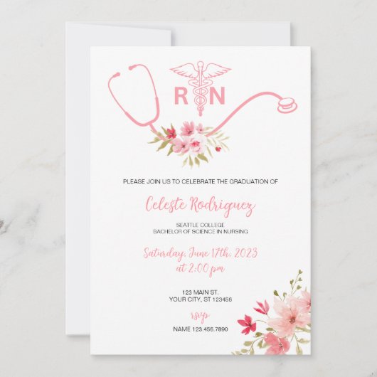 Nurzing Afstuderen Uitnodiging Roze Bloemen (Voorkant)