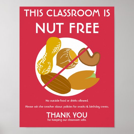 Nut Free Classroom Sign for School of Daycare Poster (Voorkant)