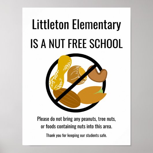 Nut Free School Sign. Aangepast met schoolnaam Poster (Voorkant)
