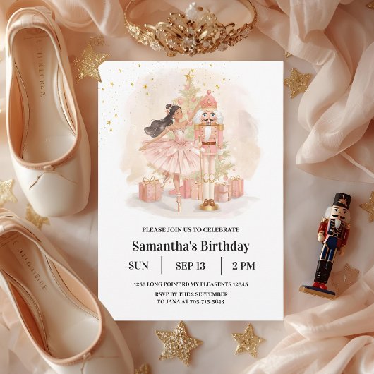 Nutcracker Ballerina Verjaardag | Roze & Goud Kaart