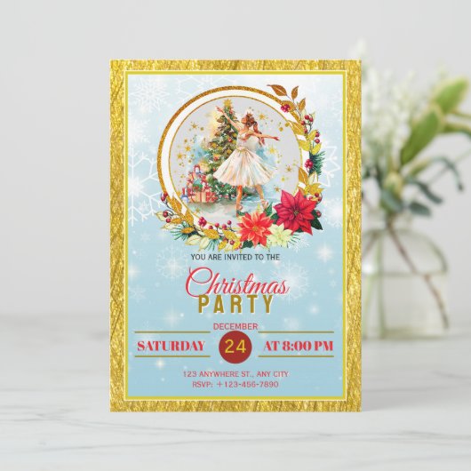 Nutcracker Ballet Ballerina - Christmas Party Feestdagenkaart (Staand voorkant)