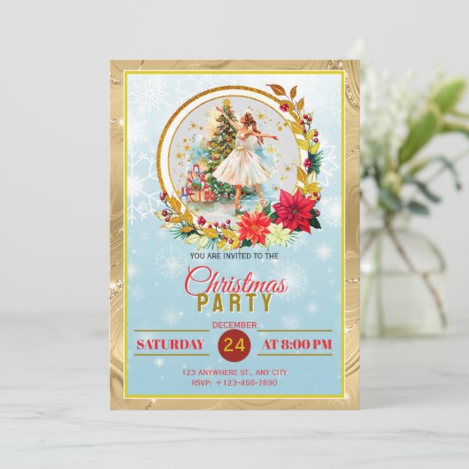 Nutcracker Ballet Ballerina - Christmas Party Feestdagenkaart (Staand voorkant)