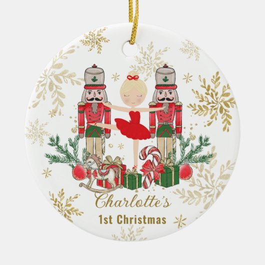Nutcracker Ballet Red 1st Christmas Baby Photo Keramisch Ornament (Voorkant)