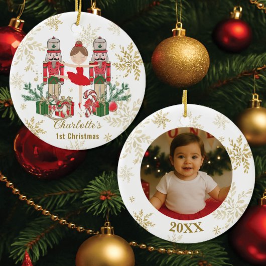 Nutcracker Ballet Red 1st Christmas Baby Photo Keramisch Ornament