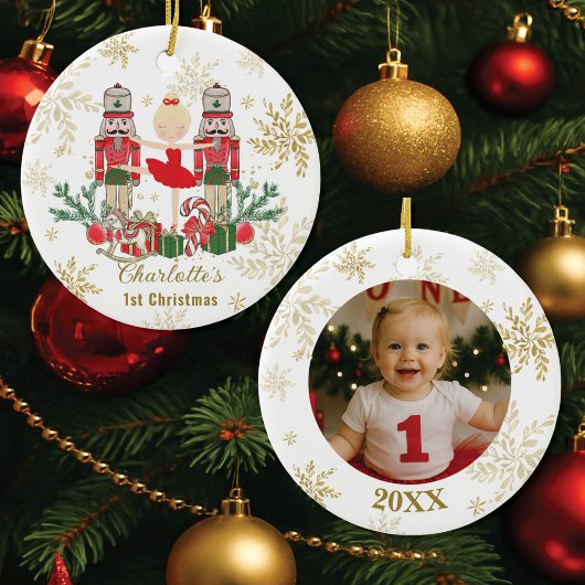 Nutcracker Ballet Red 1st Christmas Baby Photo Keramisch Ornament