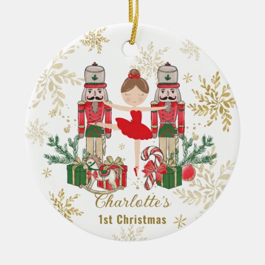 Nutcracker Ballet Red 1st Christmas Baby Photo Keramisch Ornament (Voorkant)