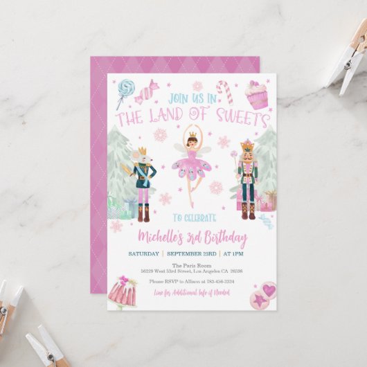 Nutcracker Birthday Invitation - Land van zoet Kaart (Voorkant / Achterkant in situ)