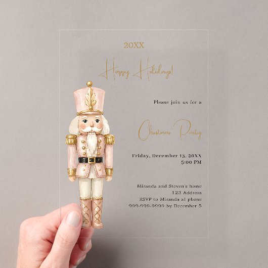 Nutcracker Roze Minimalistische luxe Kerstfeest Acryl Uitnodigingen (Insitu (Draagbaar))