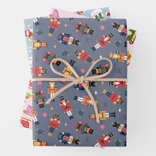 Nutcracker Sleigh en Snowman Set van 3 Kerstmis Inpakpapier Vel (In situ)