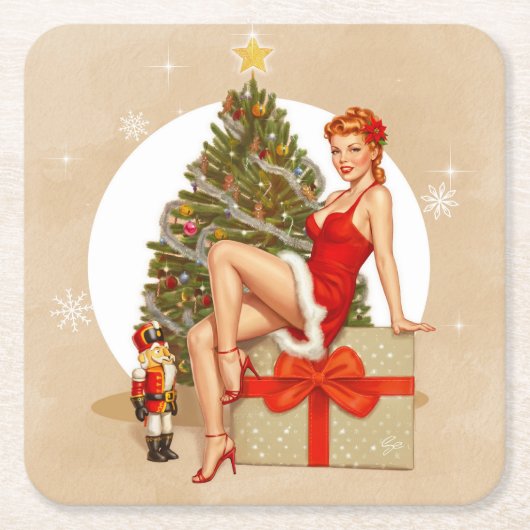 Nutcracker Sweet Retro Pinup Christmas Coaster Kartonnen Onderzetters (Voorkant)