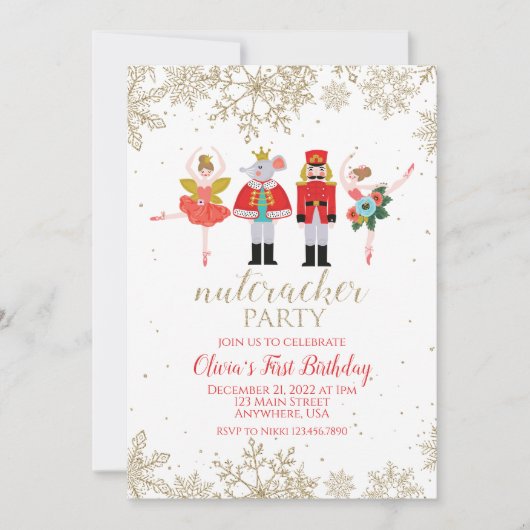 Nutcracker Winter Birthday Red en Gold Invitation Kaart (Voorkant)
