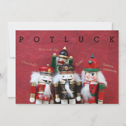 Nutcrackers groep op rode potluck kaart (Voorkant)