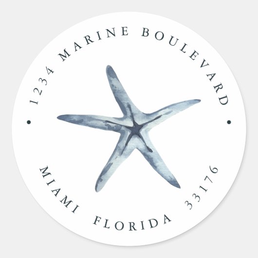 Nutical Blue Starfish Retouradres Ronde Sticker (Voorkant)