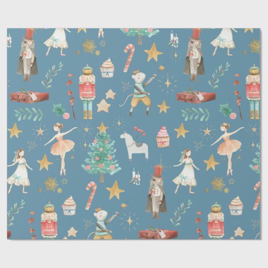 Nutkraker kerstfeestdag blauw cadeaupapier (Vlak)