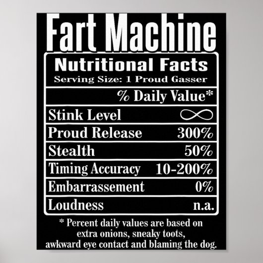 Nutrion Facts Fart Machine Dad Jokes Funny Farting Poster (Voorkant)