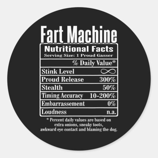 Nutrion Facts Fart Machine Dad Jokes Funny Farting Ronde Sticker (Voorkant)