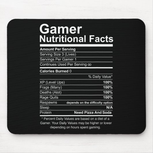 Nutritional Facts Cool Gamer Video Game Grappig Muismat (Voorkant)