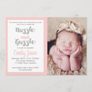 Nuzzle and Guzzle Baby Photo Invitation Kaart